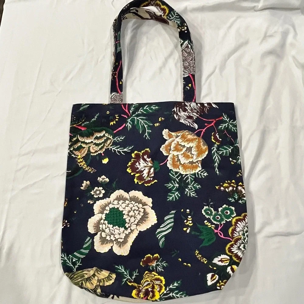 Tory Burch Happy Times‎ Floral Print Reversible Tote Bag Cream Navy Blue